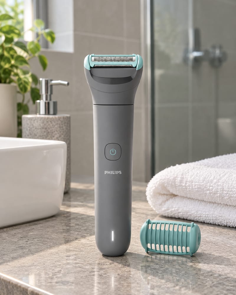 Philips Bodygroom BG3470/15 em pé na bancada do banheiro, com o pente ao lado