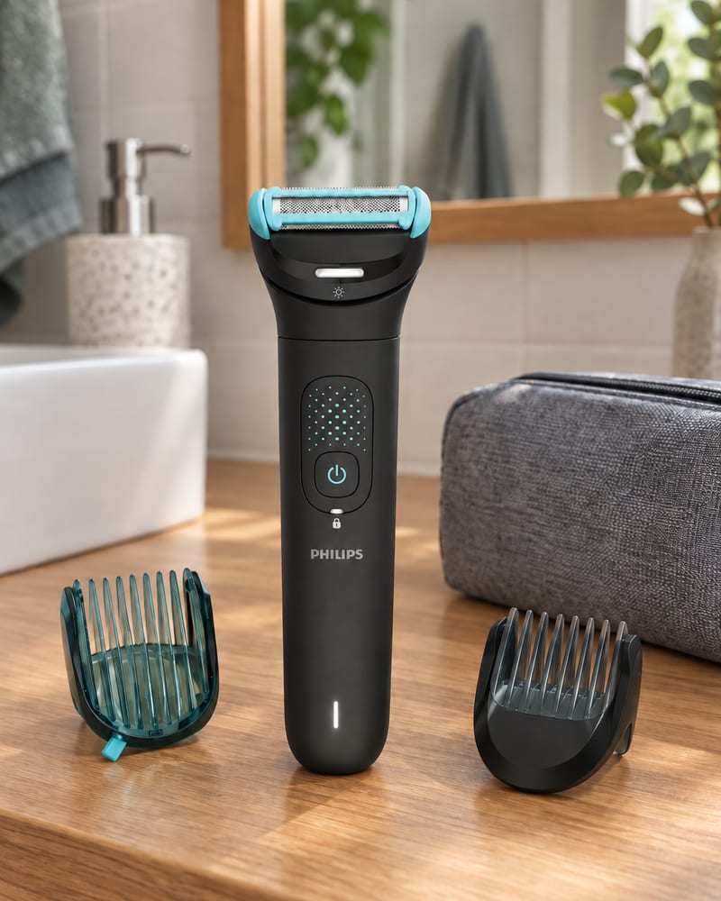 Philips Bodygroom BG7470/15 na bancada de madeira, entre dois pentes e o estojo