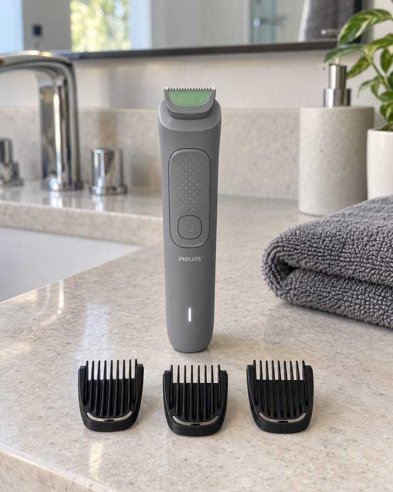 Philips Multigroom MG3911/15 em pé na bancada do banheiro, com três pentes à frente