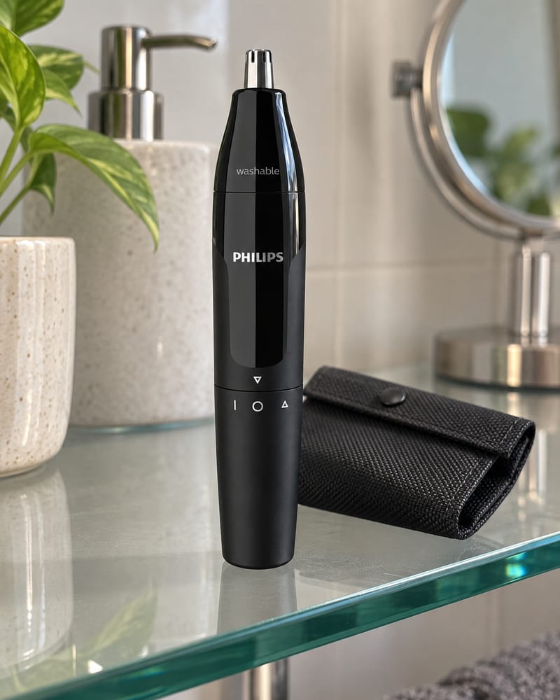 Philips NT1620/15 em pé na prateleira de vidro do banheiro, ao lado do estojo