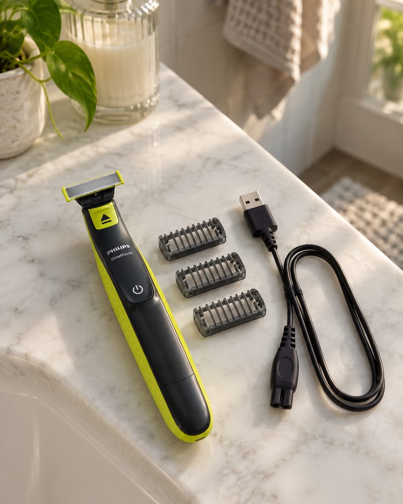 Philips OneBlade QP2724/10 deitado na bancada de mármore, com três pentes e o cabo