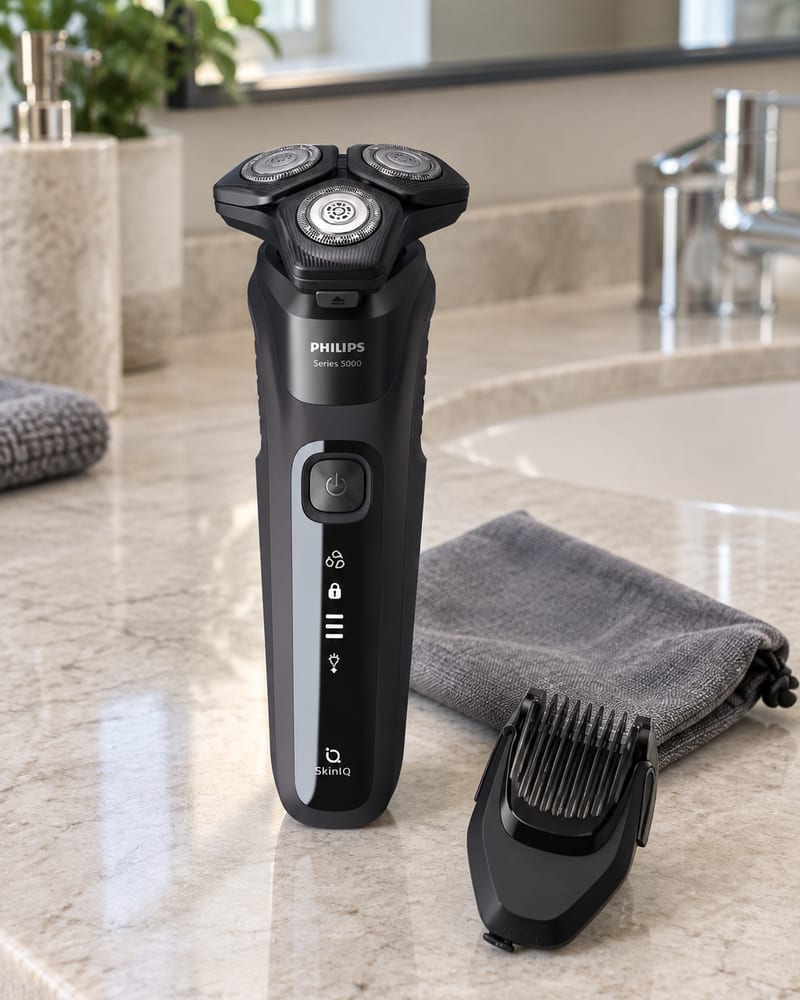 Philips S5588/17 em pé na bancada de pedra do banheiro, com a bolsinha cinza e o modelador de barba ao lado