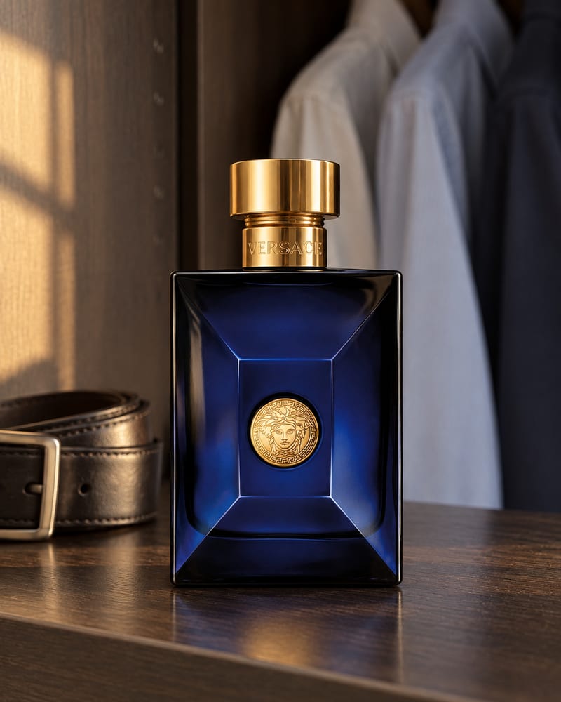 Frasco do Versace Dylan Blue na prateleira do closet, ao lado de um cinto