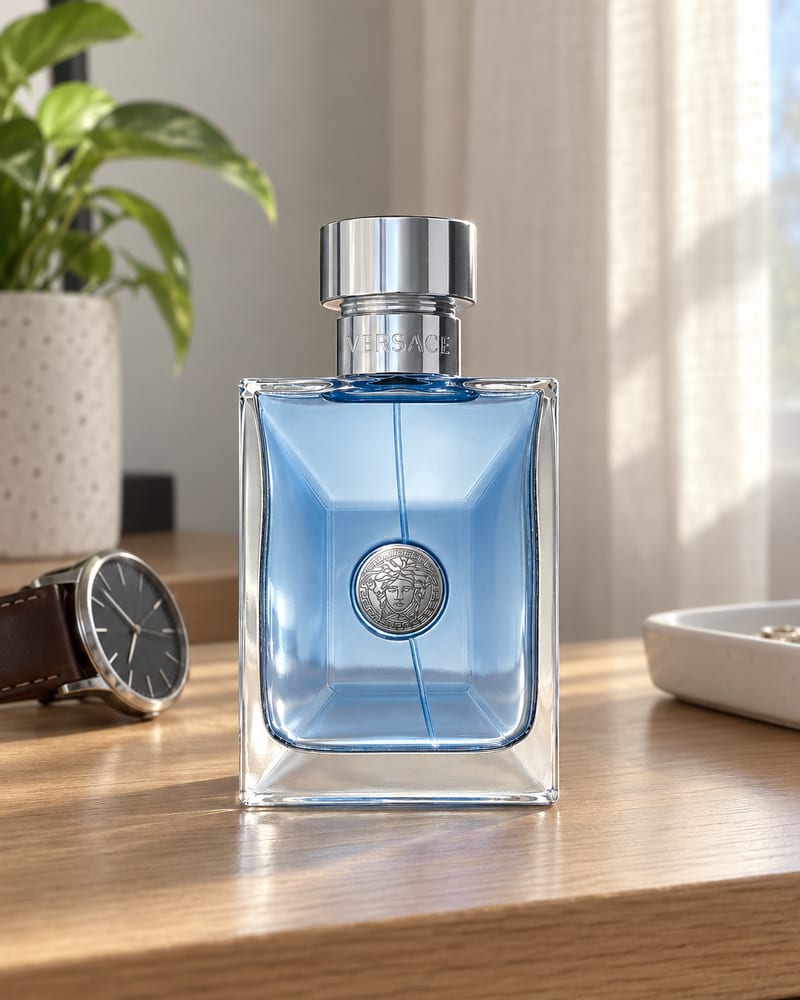 Frasco do Versace Pour Homme na cômoda de madeira, ao lado de um relógio